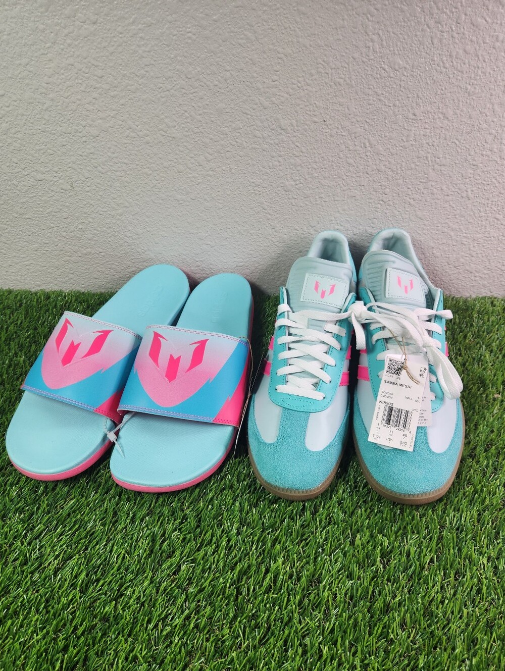 New! Adidas Messi Mint & Lucid Pink Miami Sneaker & Slide Bundle